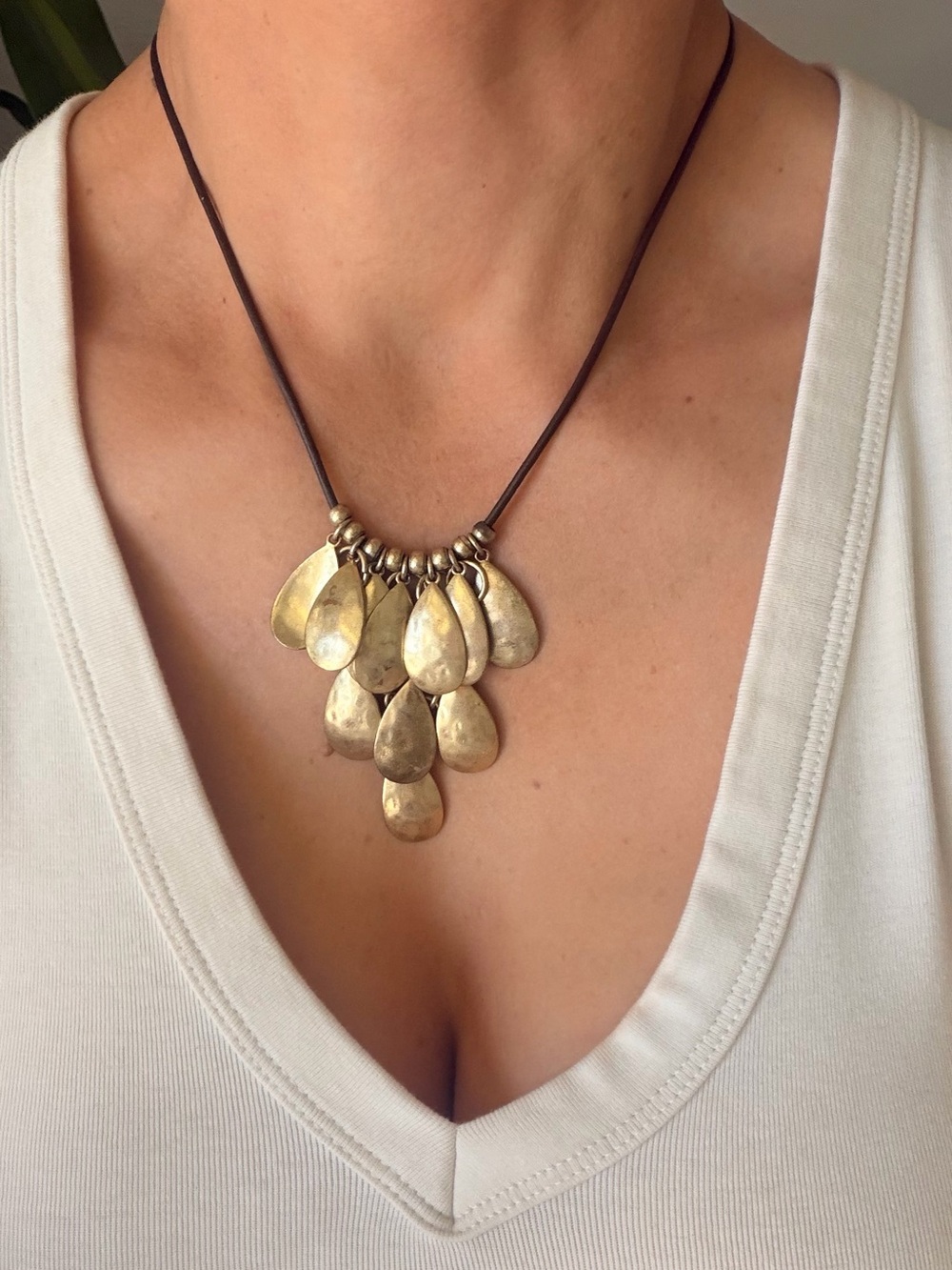 Chaps Gold Teardrop Cluster leather corded Necklace - Women Jewelry